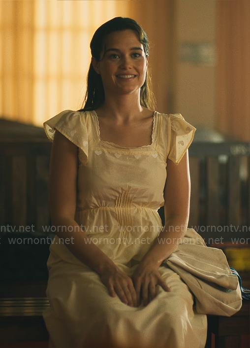 Piper's butter yellow heart embroidered midi dress on The White Lotus
