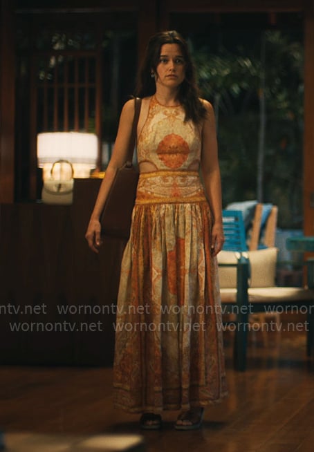 Piper's printed dress with side cutouts on The White Lotus
