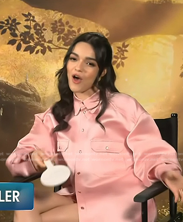 Rachel Zegler's pink oversized shirt and shorts on Access Hollywood