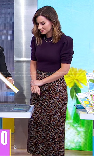 Rebecca's purple puff sleeve sweater and print skirt on Good Morning America