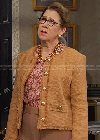 Rita's floral top and beige tweed jacket on Days of our Lives