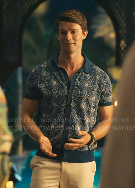 Saxon's blue floral button down knit shirt on The White Lotus