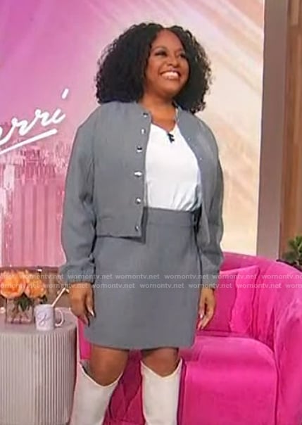 Sherri's gray button jacket and mini skirt on Sherri