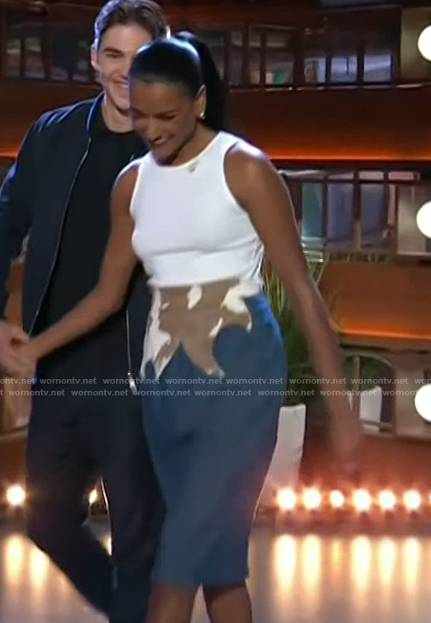 Simone Ashley's cow print skirt on The Kelly Clarkson Show
