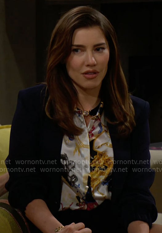 Steffy's printed button down blouse on The Bold and the Beautiful