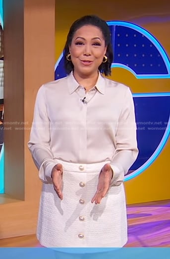 Stephanie's white button front tweed skirt on Good Morning America