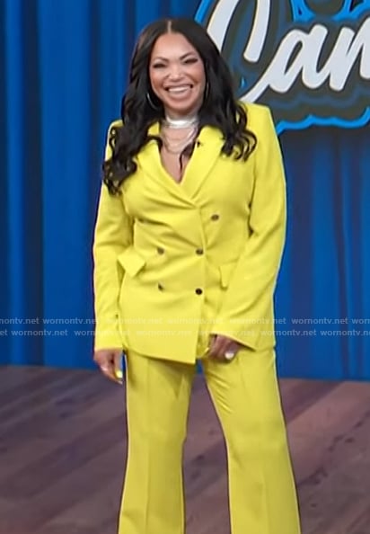 Tisha Campbell's yellow double breasted blazer on Access Hollywood