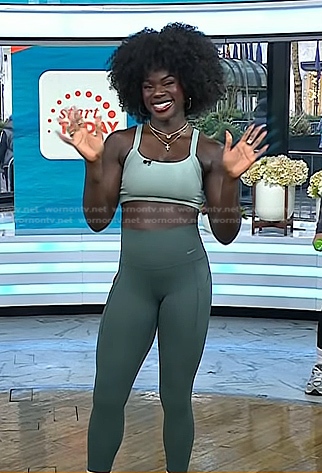 Tunde Oyeneyin's sage green sports bra and leggings on Today