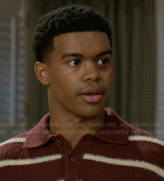 Tyrell's burgundy striped polo sweater on Beyond the Gates