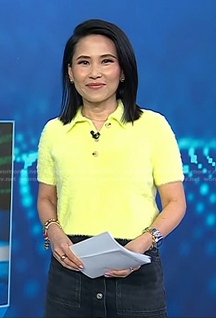 Vicky's yellow polo sweater and denim skirt on Today