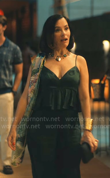 Victoria's dark green ruffle peplum jumpsuit on The White Lotus