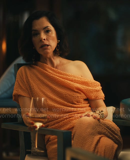 Victoria's coral textured off shoulder top and pants set on The White Lotus