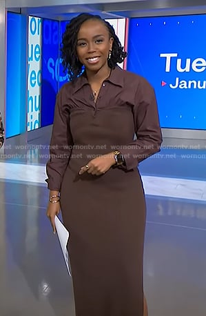 Zinhle's brown mixed media knit dress on NBC News Daily