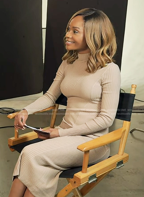 Zuri's beige knit dress on Access Hollywood