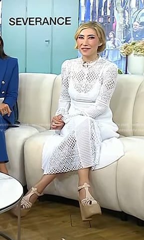Dichen Lachman's white lace dress and bird cage platform sandals on Today