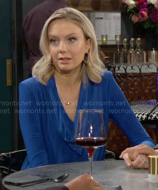 Abby's blue cowl neck top on The Young and the Restless