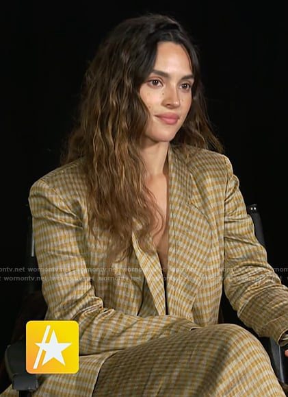 Adria Arjona's gingham check blazer and pants on Access Hollywood