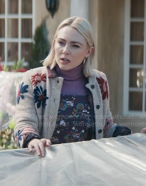 Alice's flower print cardigan and chicken print overalls on Grosse Pointe Garden Society