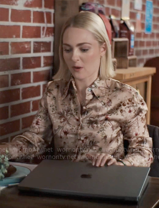 Alice's beige floral button down top on Grosse Pointe Garden Society