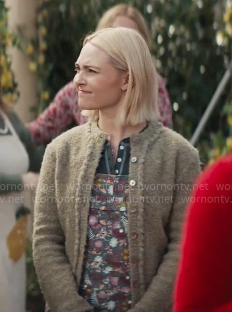 Alice's floral overalls and green cardigan on Grosse Pointe Garden Society