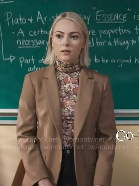 Alice's floral turtleneck top and brown blazer on Grosse Pointe Garden Society