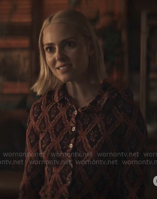Alice's printed button down shirt on Grosse Pointe Garden Society