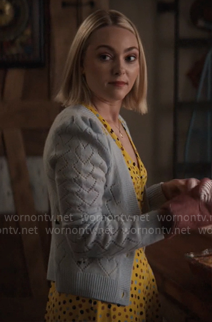 Alice's yellow dotted wrap dress and blue pointelle knit cardigan on Grosse Pointe Garden Society