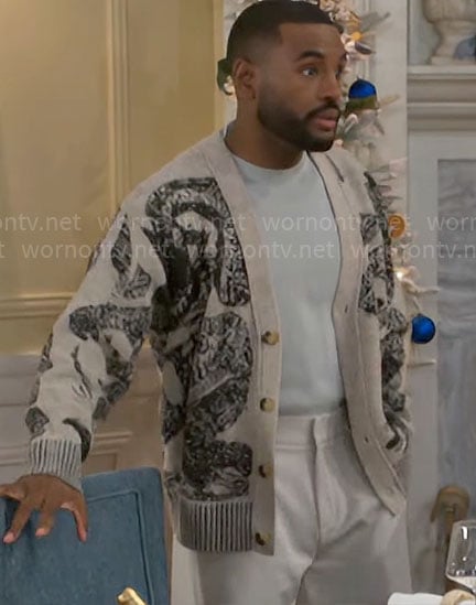 Andre's printed cardigan on Beyond the Gates