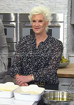 Anne Burrell's black floral tie neck blouse on Today