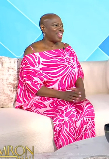 Tracey Cooke's pink floral print cold shoulder jumpsuit on Tamron Hall Show