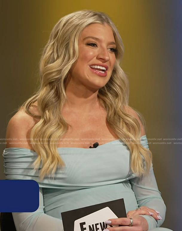 Ashley's blue sheer off the shoulder dress on E! News
