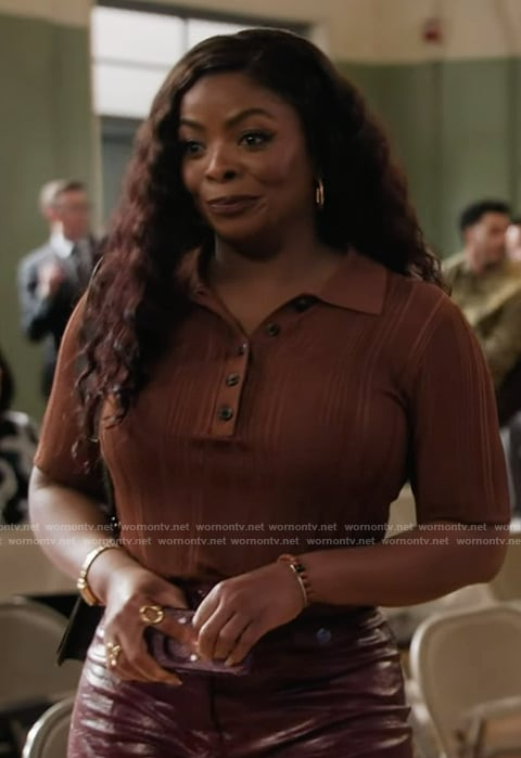 Ava's brown ribbed polo top on Abbott Elementary
