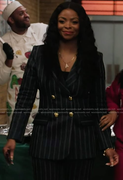 Ava's navy pinstripe blazer and pants on Abbott Elementary