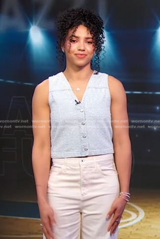 Azzi Fudd's blue tweed vest on Good Morning America