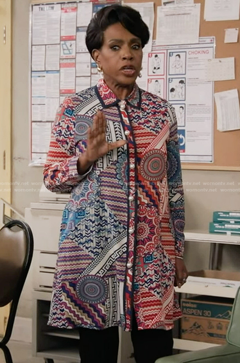 Barbara's printed pearl button shirt on Abbott Elementary