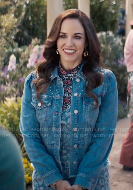 Birdie's embellished denim jacket and floral overalls on Grosse Pointe Garden Society