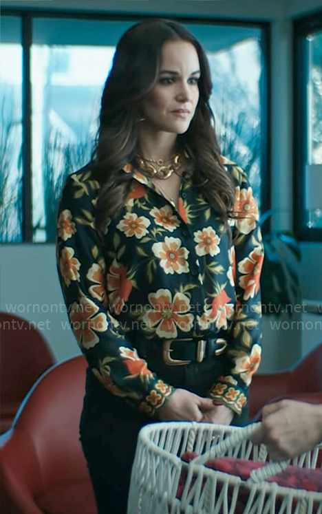 Birdie's black and orange floral button down blouse on Grosse Pointe Garden Society
