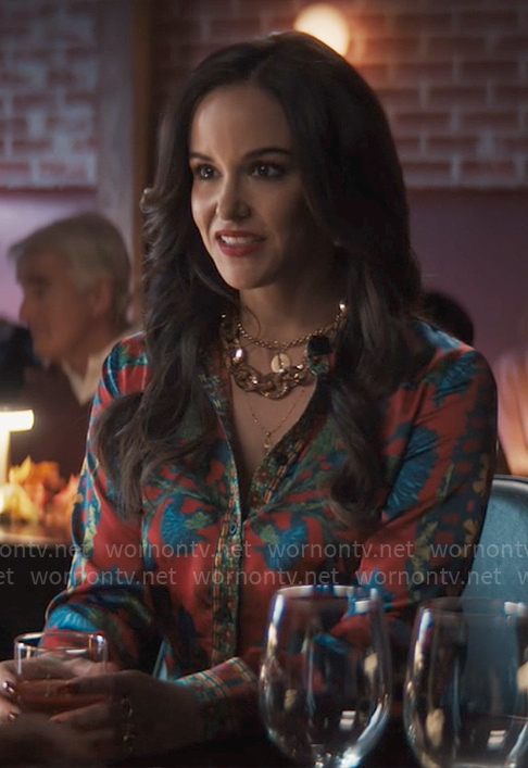 Birdie's red floral button down shirt on Grosse Pointe Garden Society