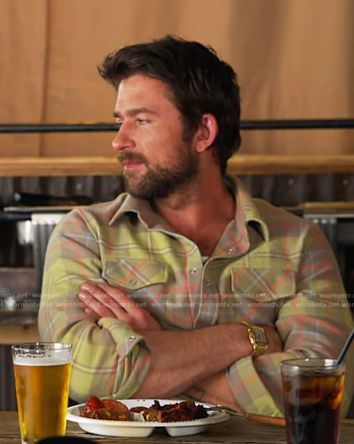 Brandon Sklenar's plaid shirt on Access Hollywood