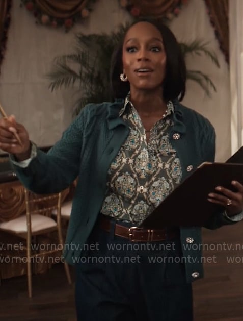 Catherine's green printed shirt and ruffle collar cardigan on Grosse Pointe Garden Society