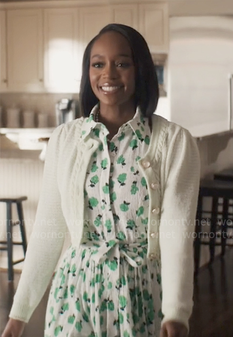 Catherine's green floral shirtdress and cardigan on Grosse Pointe Garden Society