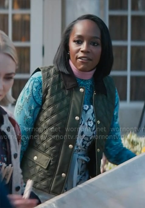 Catherine's blue paisley print sweater and green quilted vest on Grosse Pointe Garden Society