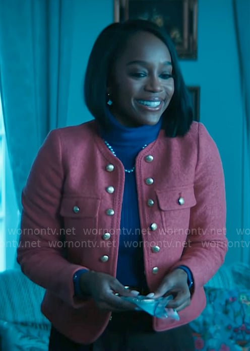Catherine's pink jacket with gold buttons on Grosse Pointe Garden Society
