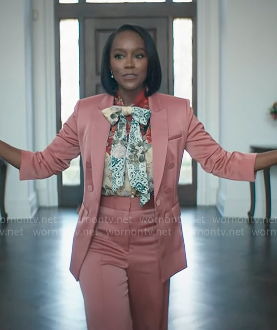 Catherine's pink suit and floral bow neck blouse on Grosse Pointe Garden Society
