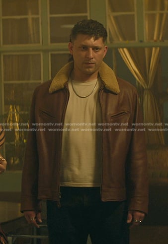 Clayton's shearling collar leather jacket on You
