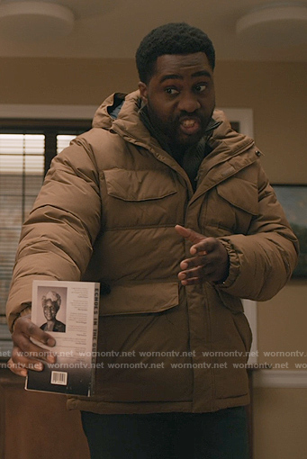 Russell's brown padded jacket on Elsbeth