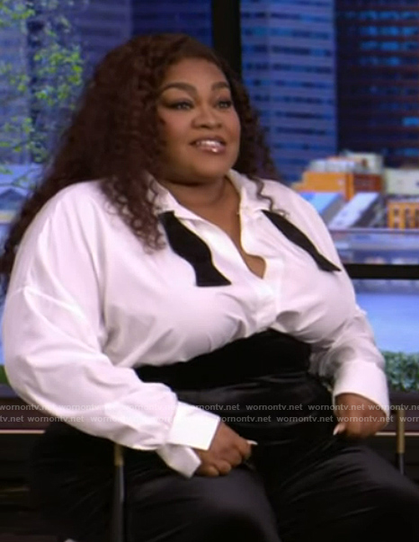 Da'Vine's white tie neck blouse on Live with Kelly and Mark