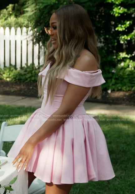 Drew's pink off shoulder mini dress on The Real Housewives of Atlanta