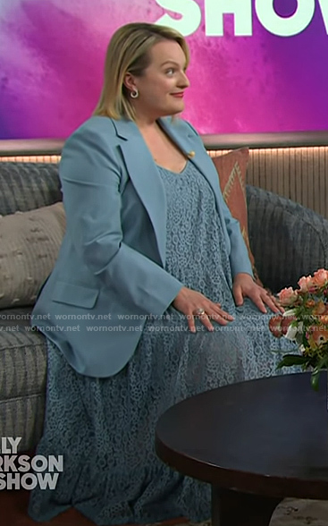 Elisabeth Moss's blue lace dress on The Kelly Clarkson Show