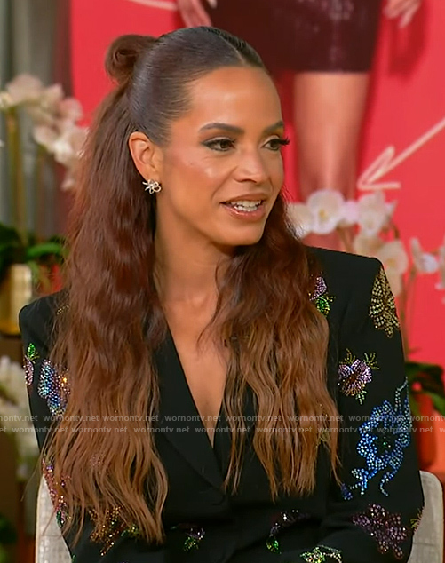 Elle Duncan's black floral embellished blazer dress on Tamron Hall Show